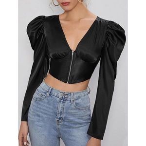 Black Zipper Front Gigot Sleeve Satin Crop Blouse